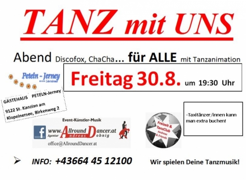 Gästehaus Peteln -Jerney am Klopeinersee w Plakat Freitag 30.8: TANZ mit UNS